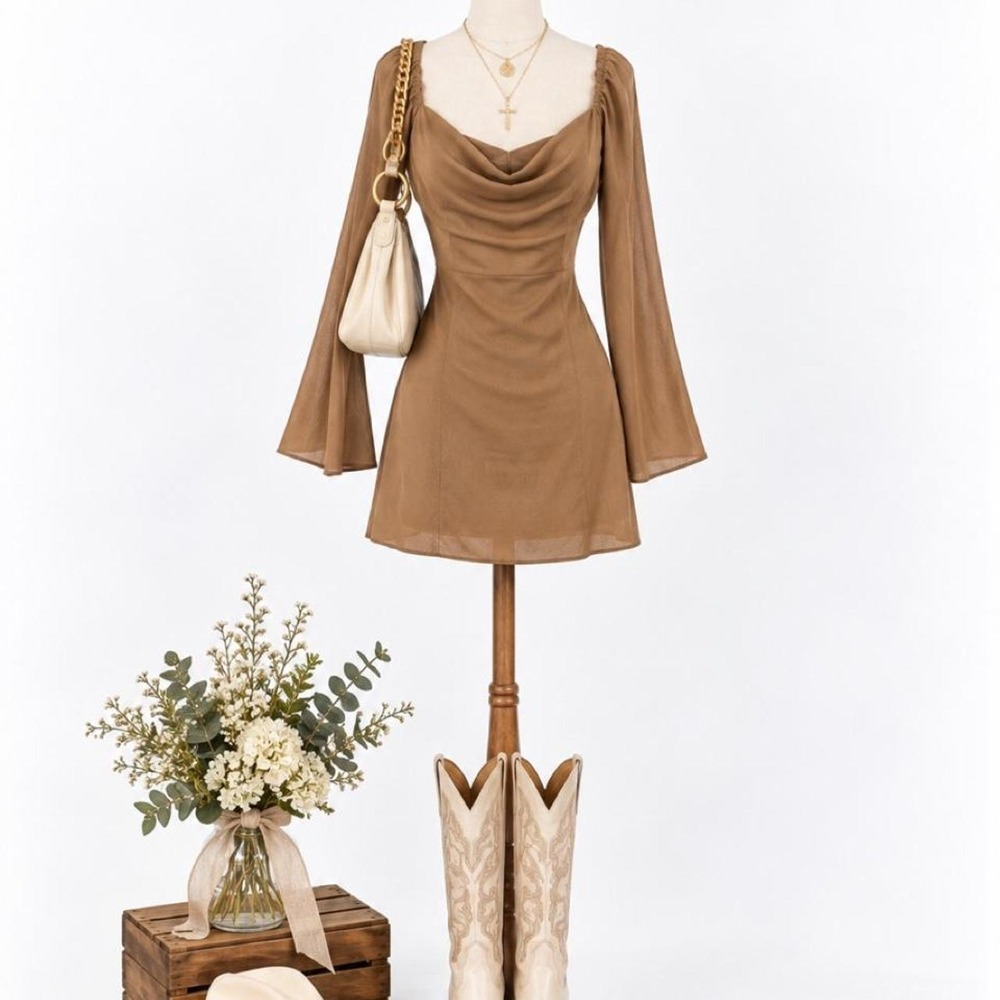 HYFVE Brown Cowl Neck Open Back Mini Dress – Size Small